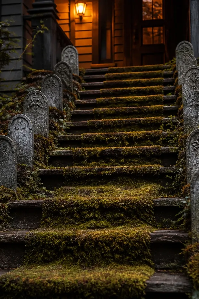 Small gray headstones on a moss green mat leading up to a front porch door