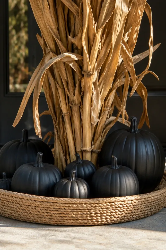 Dried cornstalks beside black pumpkins arranged on a woven tray