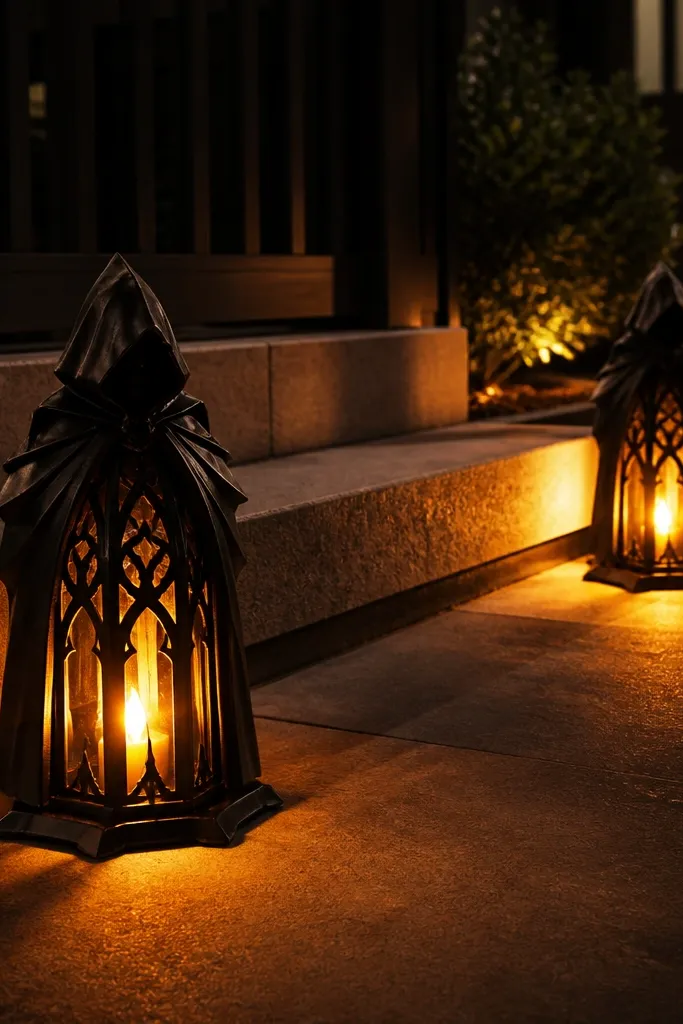 Two floor lanterns with orange light glow near a porch door and pumpkins