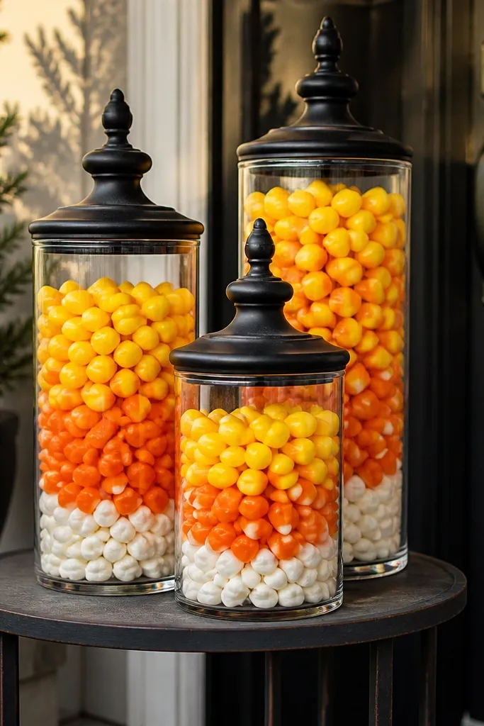 Tall glass jars filled with white and orange candy corn on a porch table