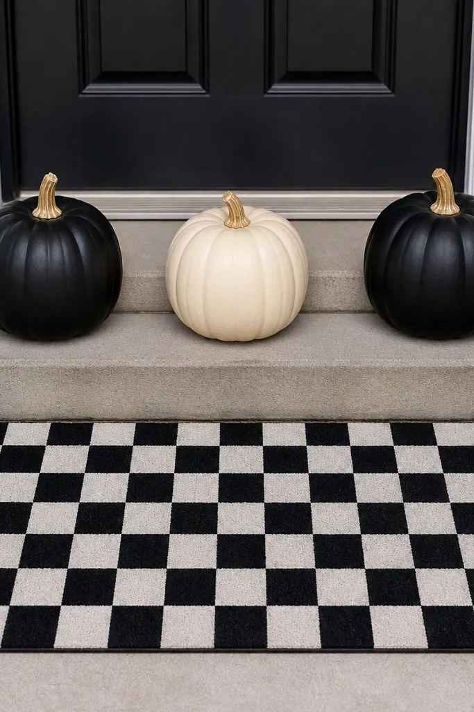 Black and white checker doormat with stacked pumpkins and small lanterns by the door