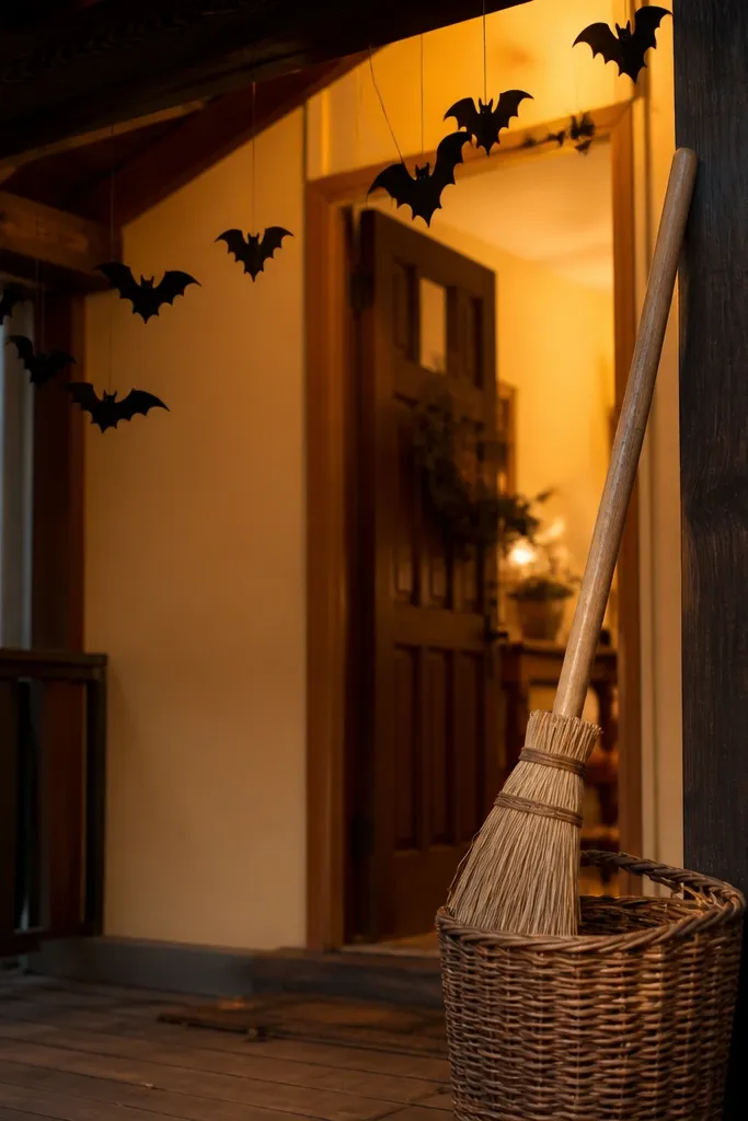 A broom leaning in a wicker stand with small black bats hanging near a porch beam