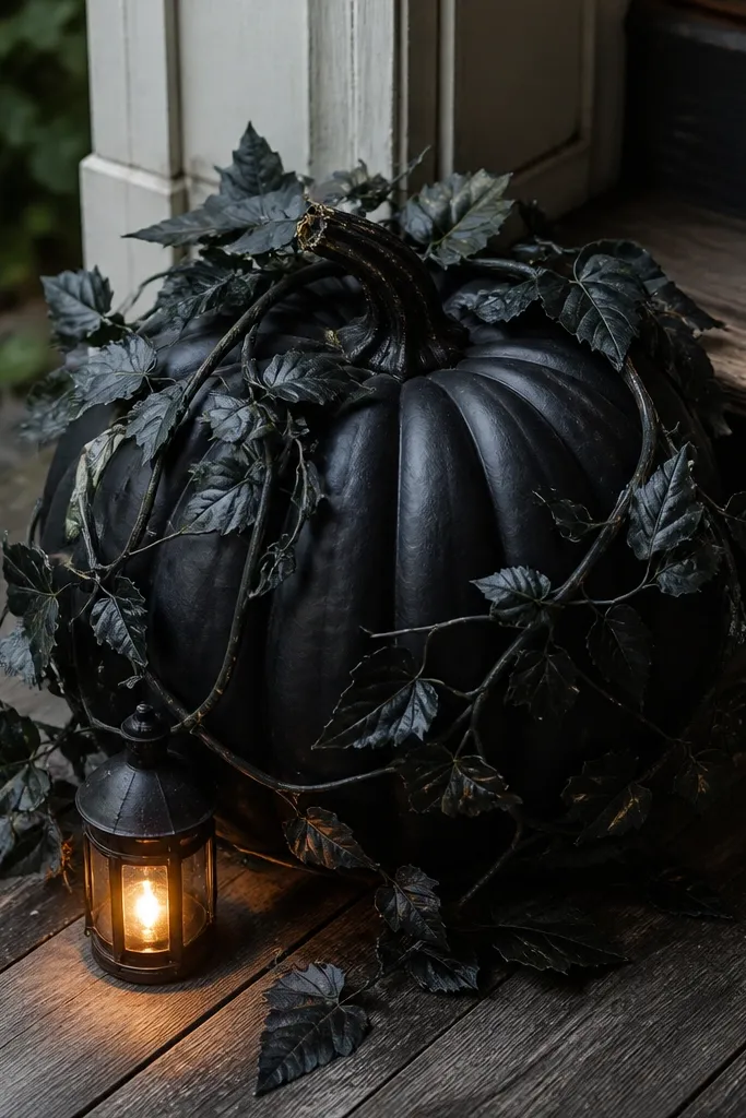 One large black pumpkin wrapped with faux vines and a small lantern at its base