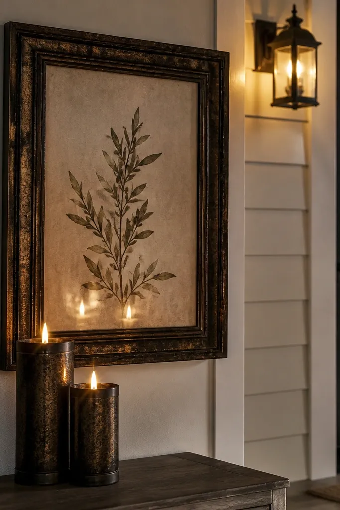 A framed vintage Halloween sign with two matching black pillar candles on porch sides