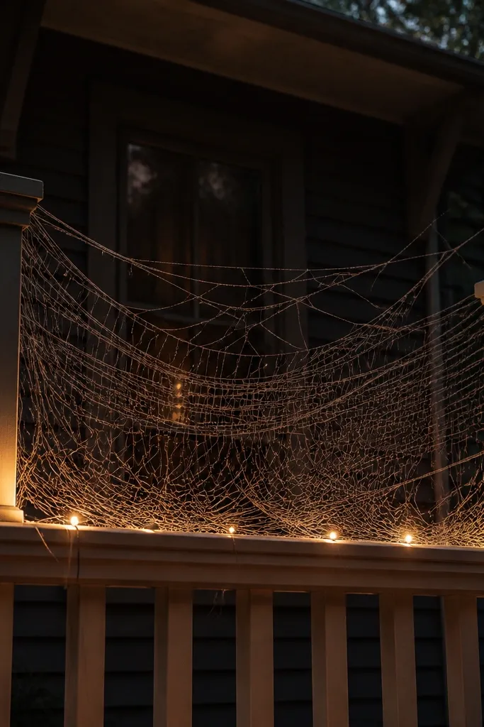 A large white spider web draped over porch rail with warm lights glowing below