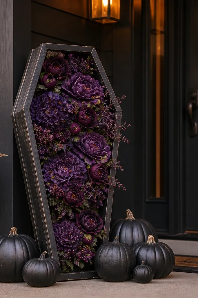 A coffin-shaped planter with purple blooms beside black pumpkins on a porch