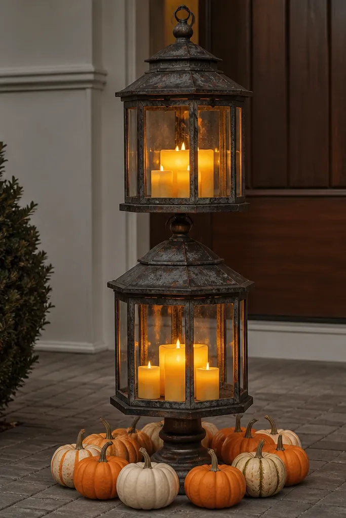 A small lantern stand with two tiers and mini pumpkins arranged around it