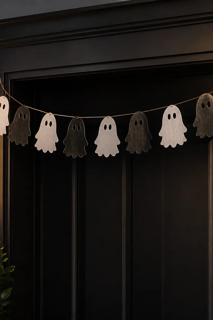 A black-and-white ghost garland draped around a porch door frame