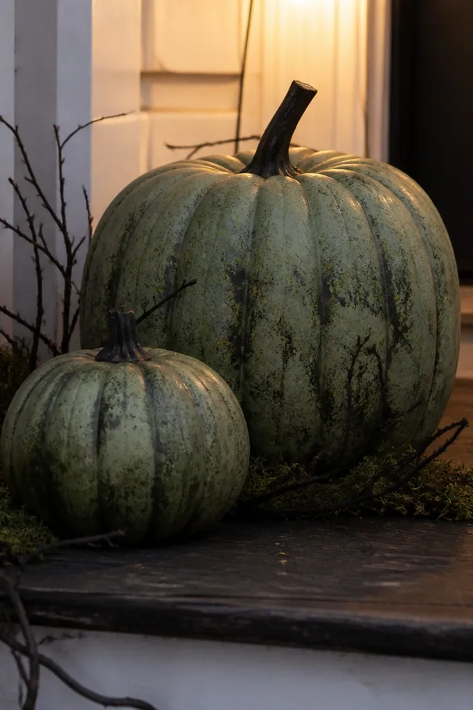 Two pumpkins painted sage and black with faux moss accents on a porch step