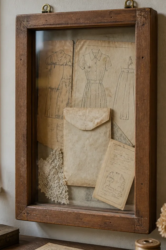 Tall frame with aged oak border showing vintage sewing pattern sheets