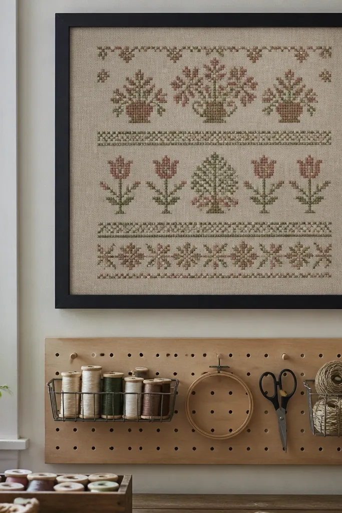 Cream linen sampler embroidery in a thin black frame