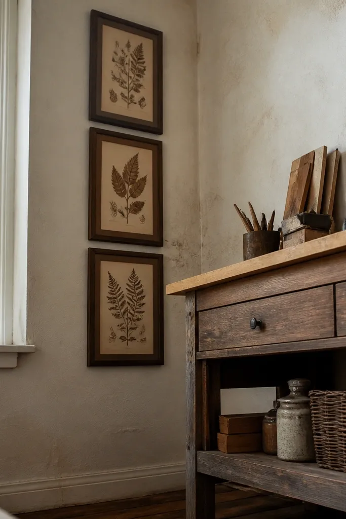 Three stacked botanical prints in matching frames on a wall