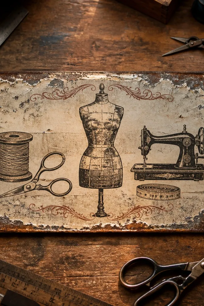 Rusty tin sign mounted on a wall above a workspace