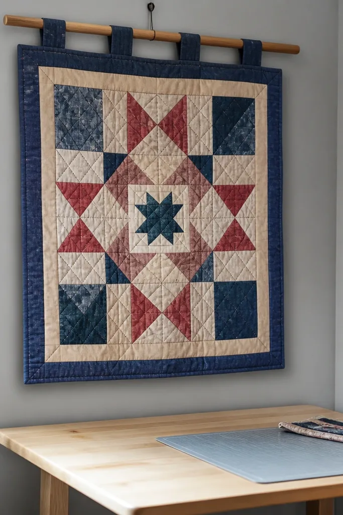 Folded vintage quilt square hung on a wooden dowel rail