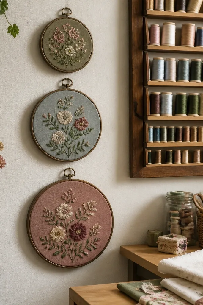 Three vintage embroidery hoops mounted in a vertical pattern