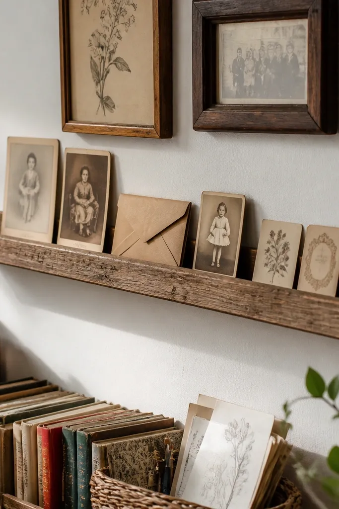 Small distressed wood ledge holding vintage craft labels and photos