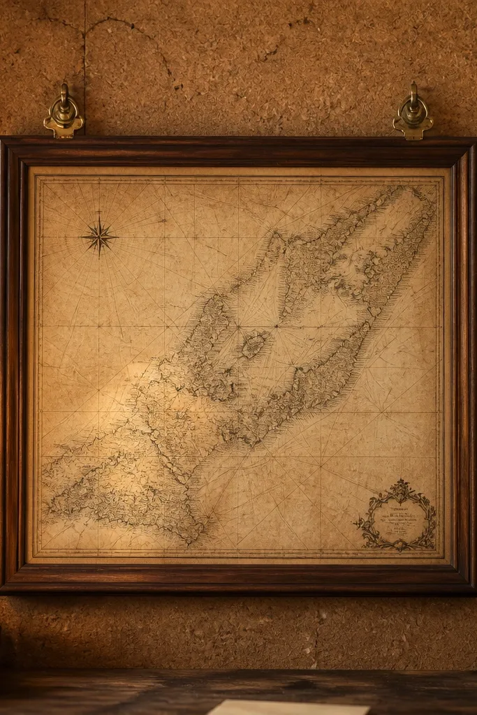 A framed vintage map panel hung with brass hangers