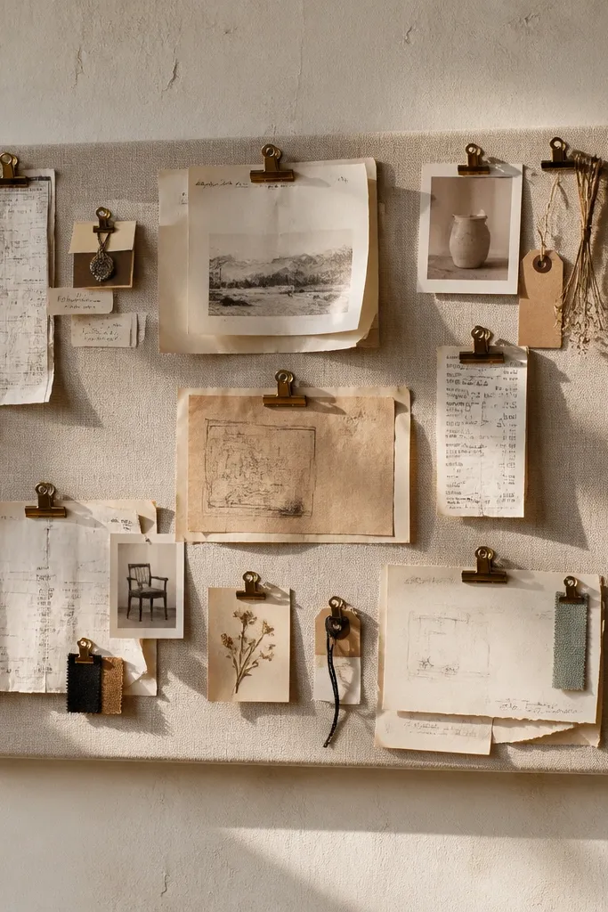 Fabric notice board with metal clips holding old paper notices