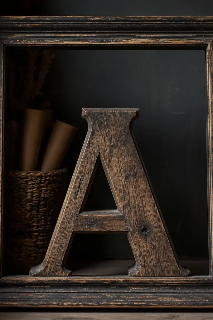 Large wooden letter mounted on a wall with vintage frame accents