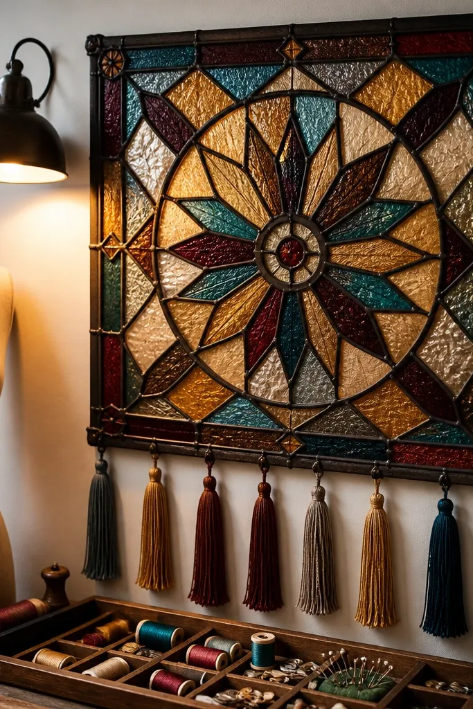 Colored glass panel with small thread tassels hanging along one edge