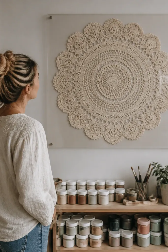 Large crochet doily displayed flat under a clear frame