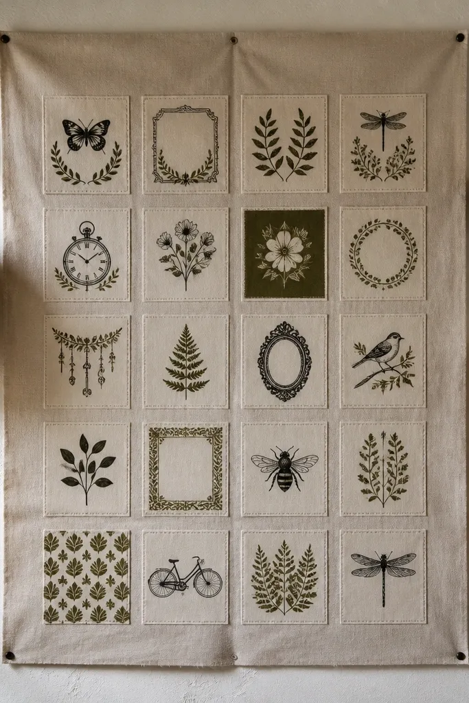 Fabric wall panel with a grid of vintage-style labels