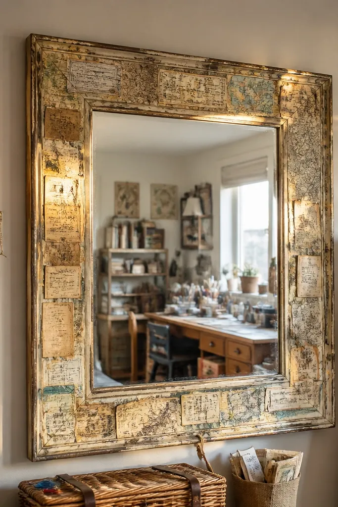 Antique-style mirror with a border of vintage paper scraps