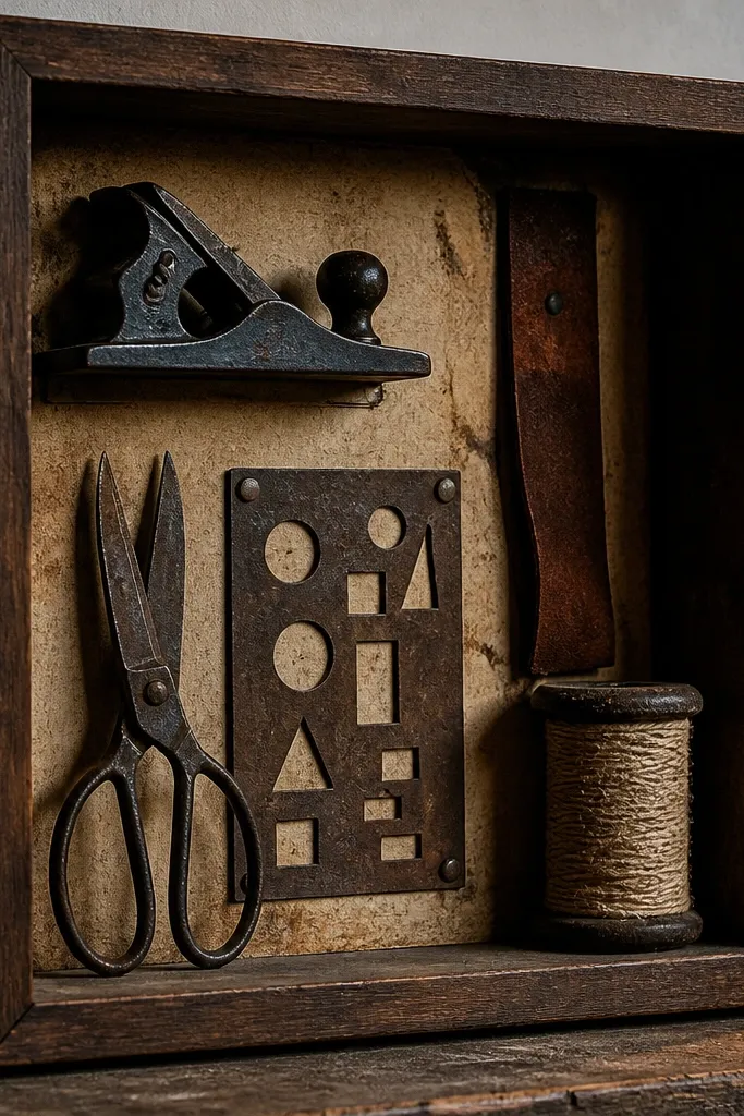 Shadowbox with small vintage tools, rusted metal, and twine accents