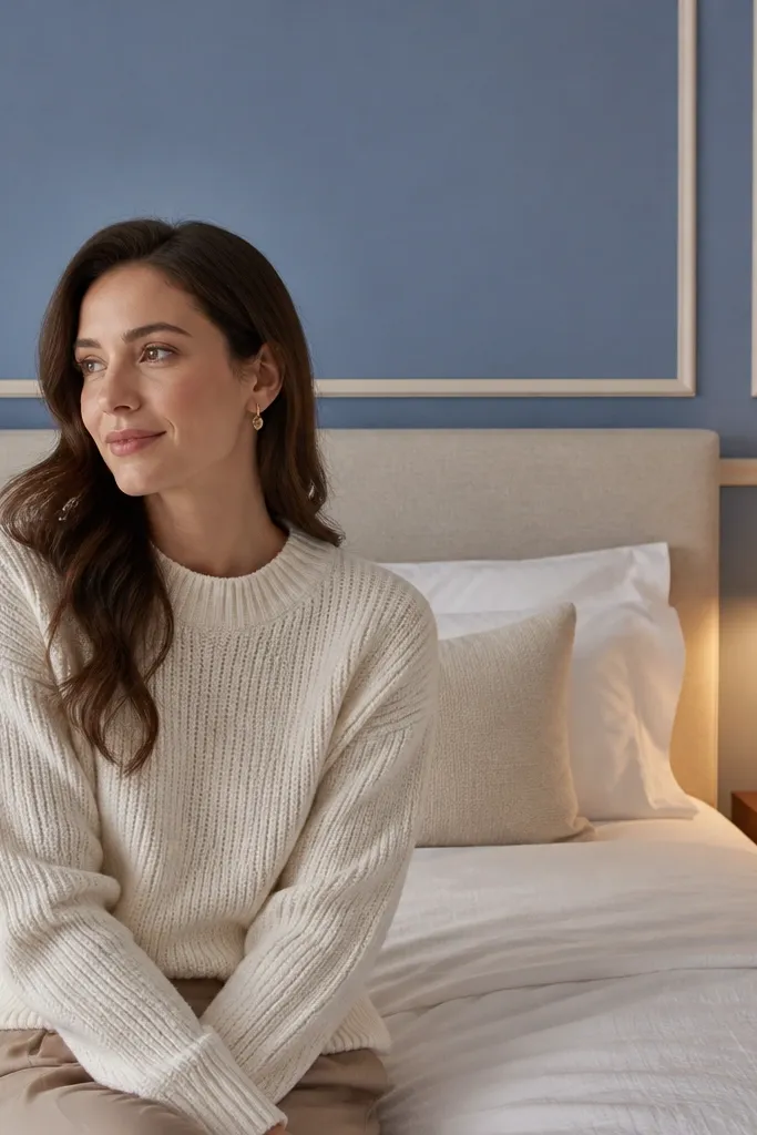 Light powder blue wall behind a bed with cream trim and white linen bedding