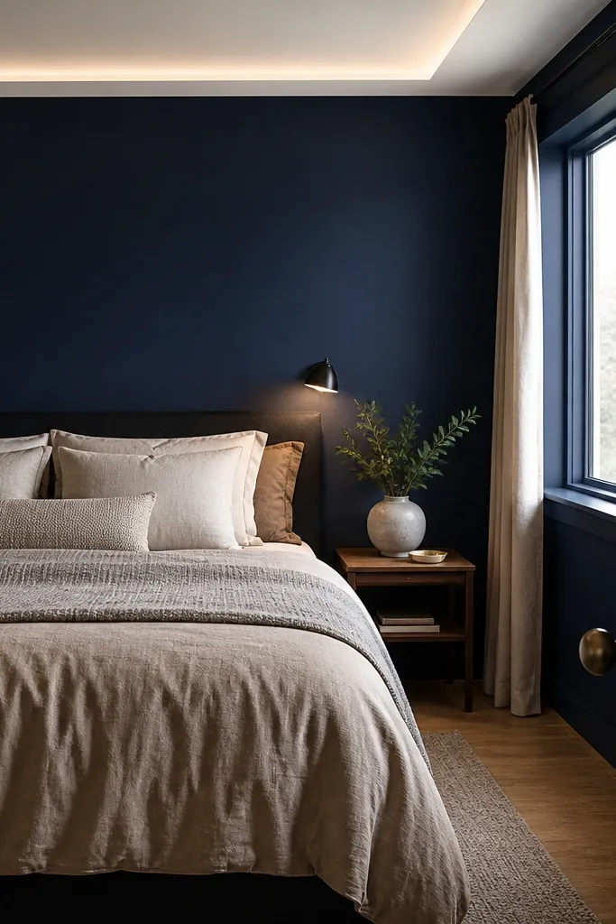 Deep navy accent wall behind bed with warm white ceiling line and soft beige bedding