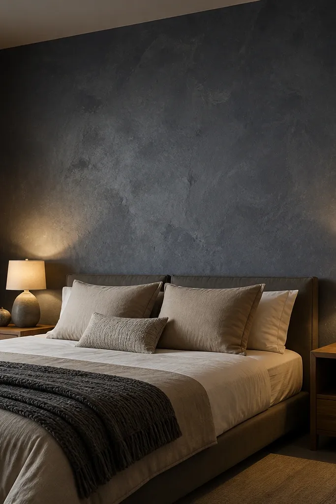 Slate blue plaster-look accent wall with textured finish and neutral bedding