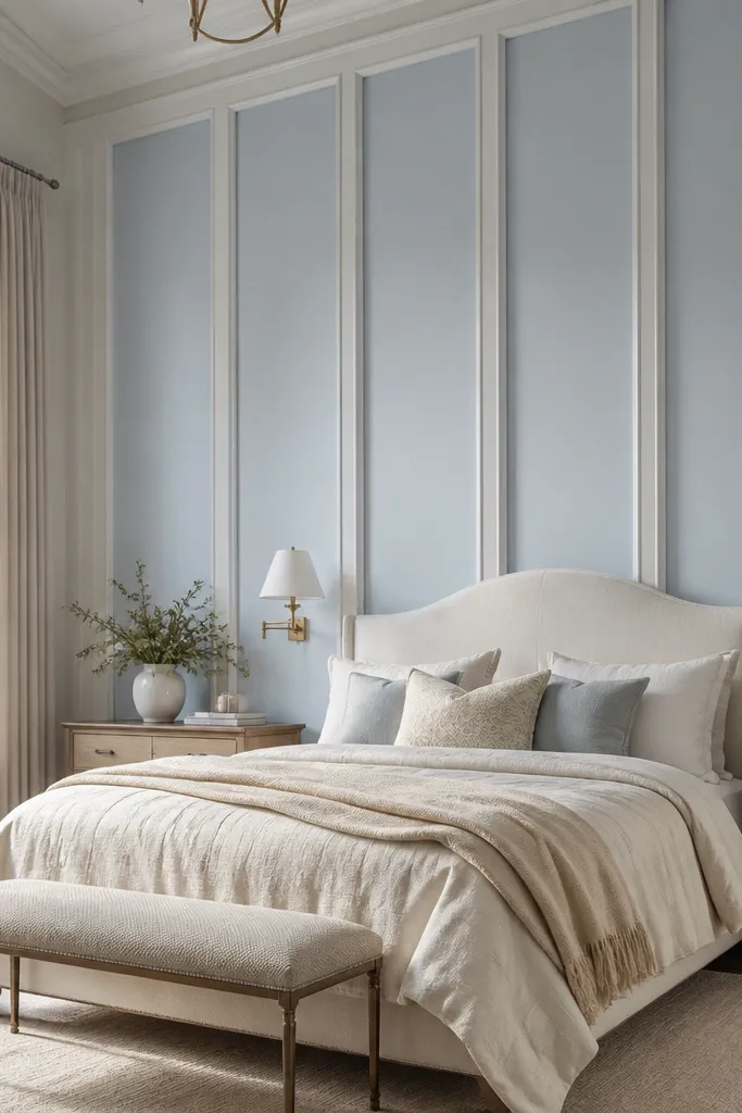 Light blue vertical panel accent wall behind bed with white trim and striped pillows