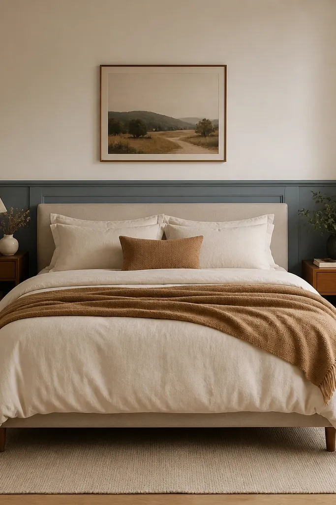 Blue lower wall with soft white upper wall behind a bed and cream bedding