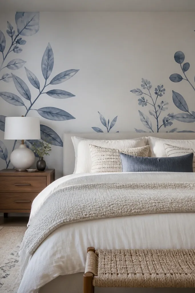 Blue botanical wall mural with lots of white space behind bed