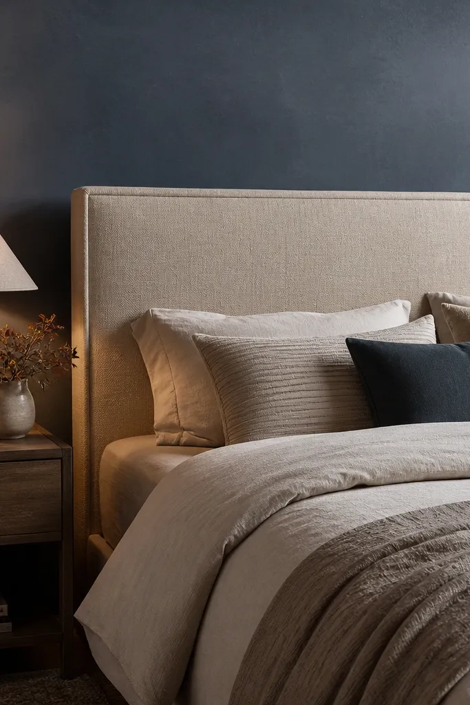 Dusty indigo accent wall with a tall linen headboard and beige bedding