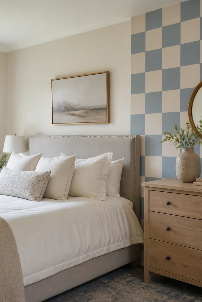 Blue and white checkerboard accent wall in muted tones behind bed