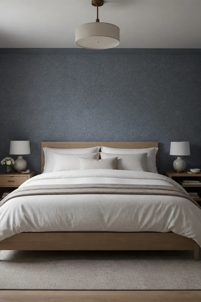 Monochrome blue wallpaper panels behind bed with subtle texture