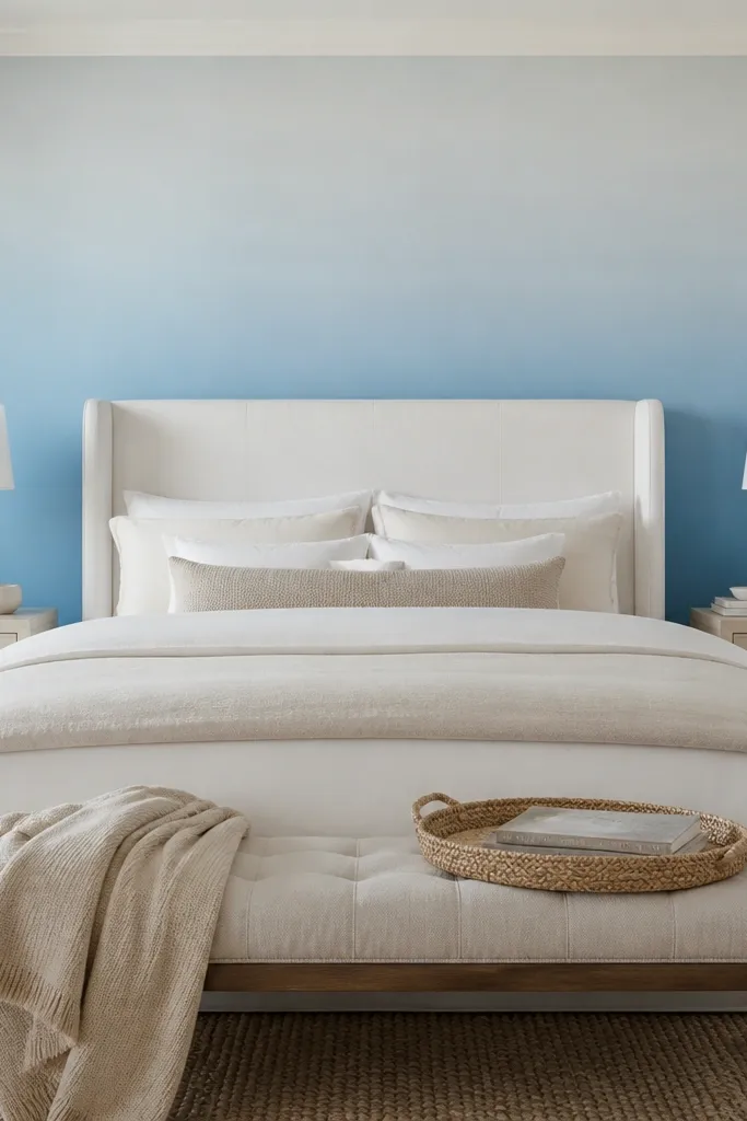 Blue ombre wallpaper fading from darker top to lighter bottom behind bed