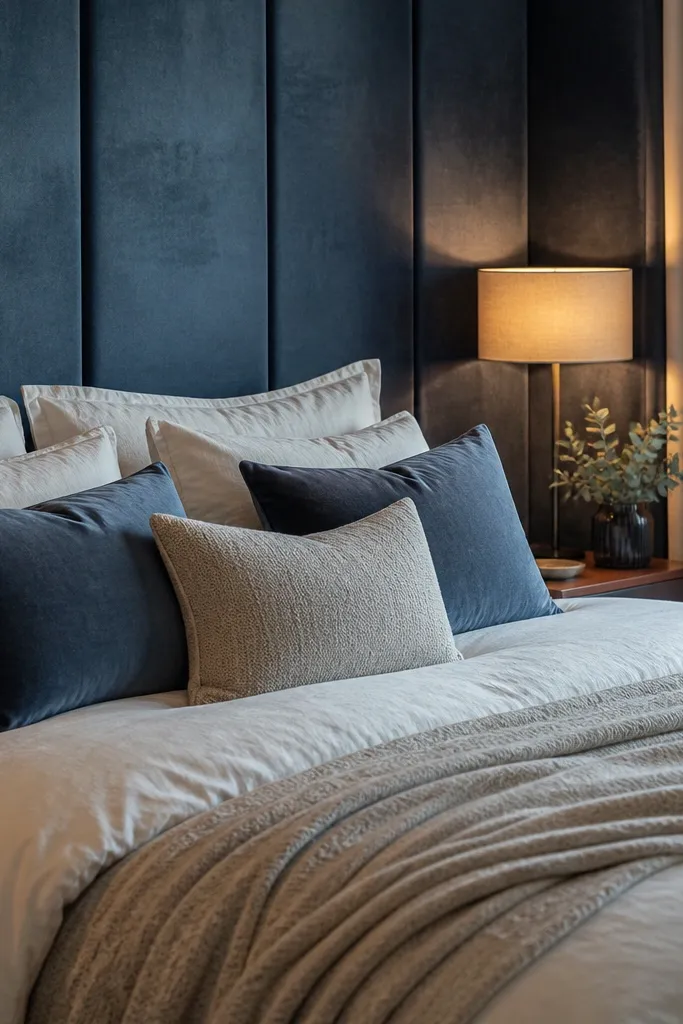 Blue fabric panel accent wall with soft velvet texture behind a bed