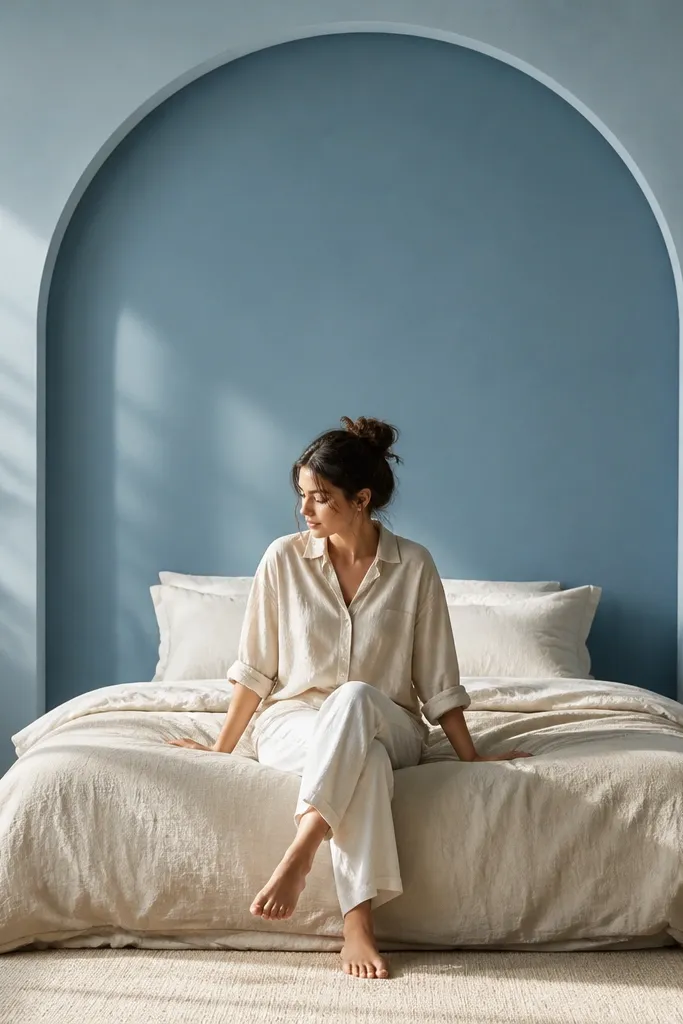 Soft blue color-blocked wall with an oversized arched framed art niche behind bed