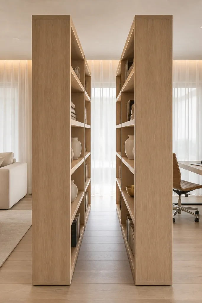 Two light wood bookcases with an open 12-inch gap between them