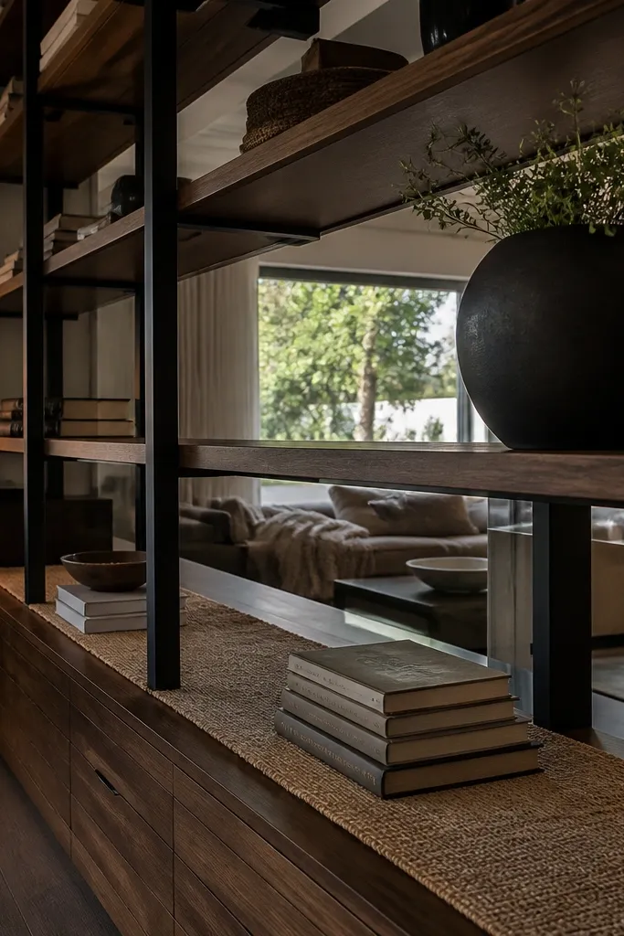 Black metal shelves with wood boards and an open center section