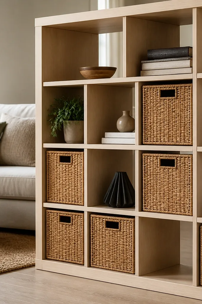 Light wood bookcase with woven baskets in most shelves