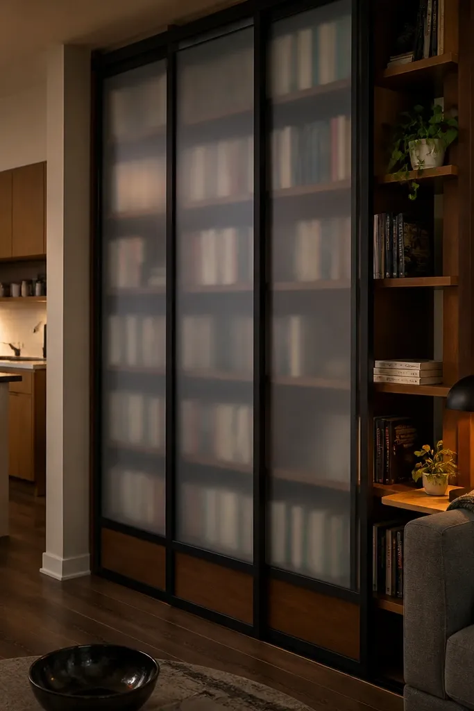 Bookcase divider with sliding doors that cover shelves
