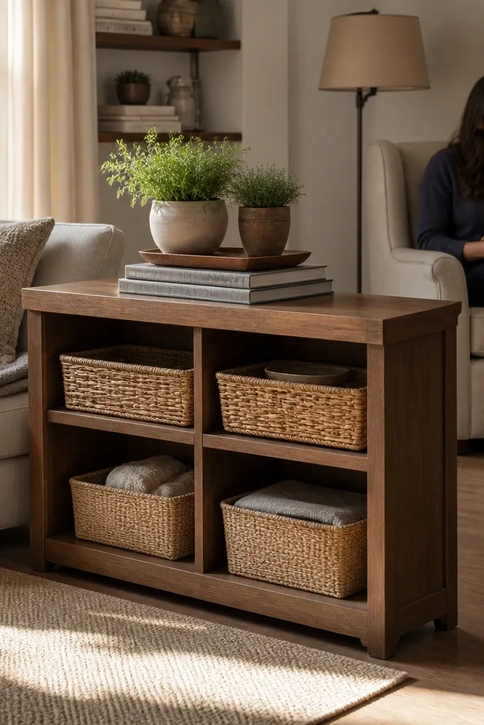 Low bookcase divider with stacked books and small decor on top
