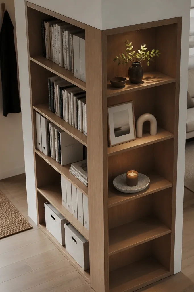 L-shaped bookcase divider in a corner with a small open display nook