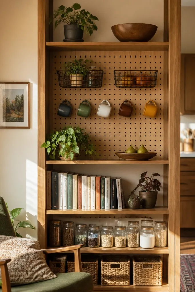 Bookcase divider with a pegboard back and hanging hooks