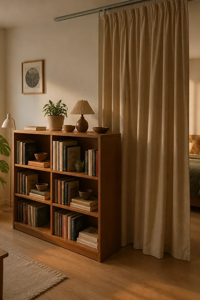 Half-height bookcase divider topped with a curtain rod and soft fabric