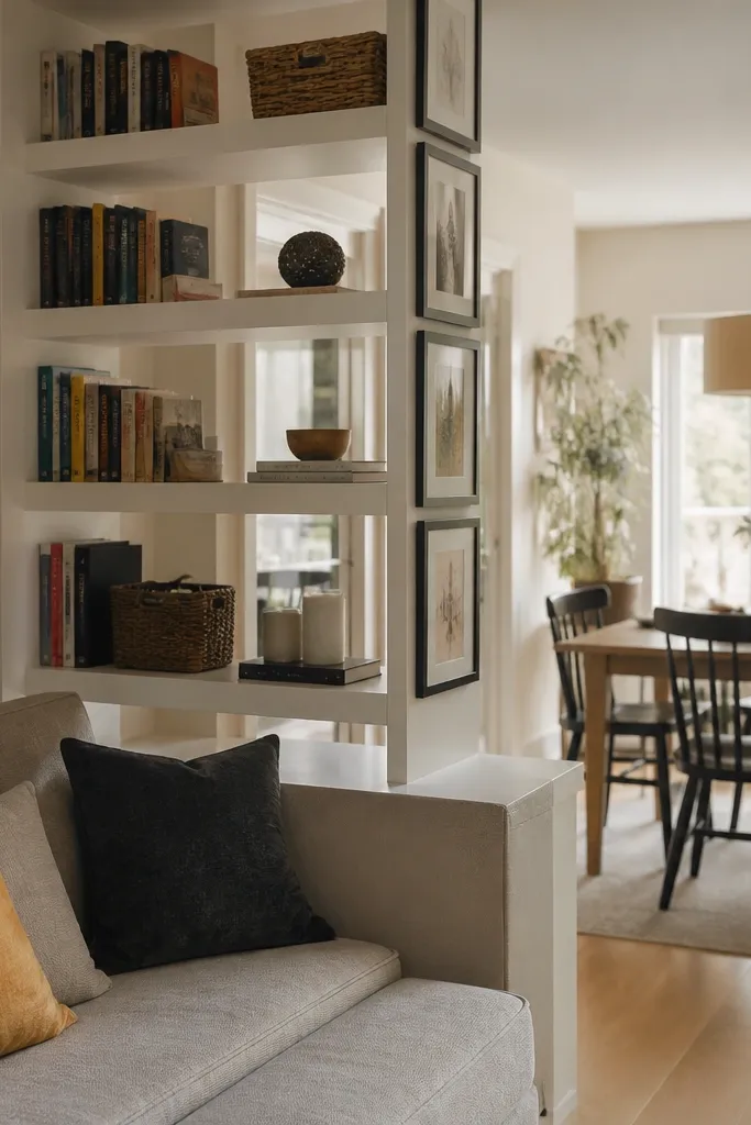 Wall-mounted floating shelves arranged like a divider with vertical framed art