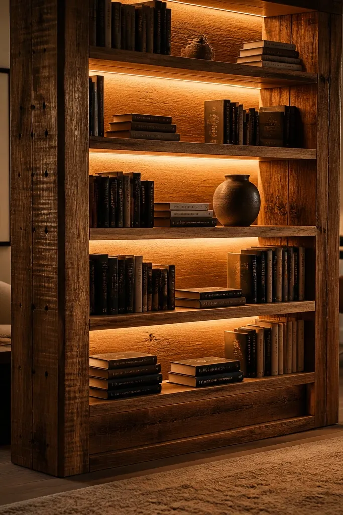 Reclaimed wood bookcase divider with small LED light strip inside shelves